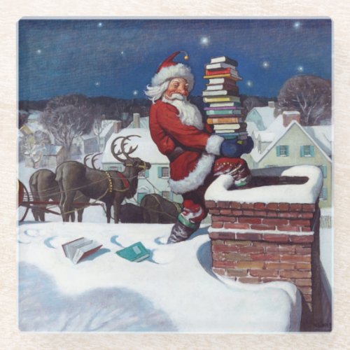 Santa delivering armload of books by Wyeth Glass Coaster