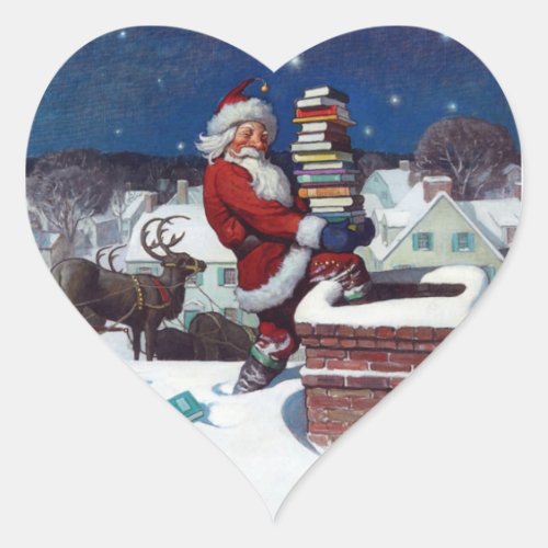 Santa delivering armload of books by Wyeth Heart Sticker