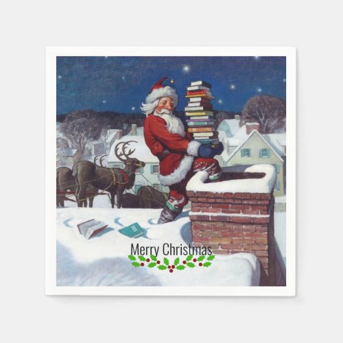Santa delivering armload of books by Wyeth Napkins