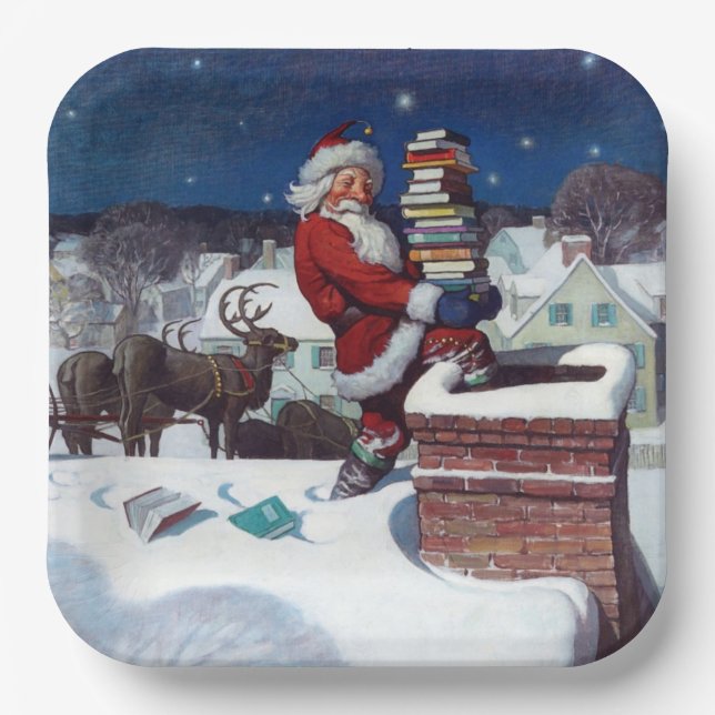 Santa delivering armload of books by Wyeth Paper Plates (Front)