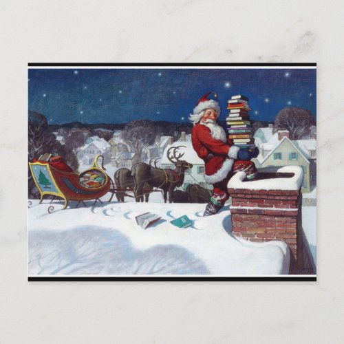 Santa delivering armload of books by Wyeth Postcard