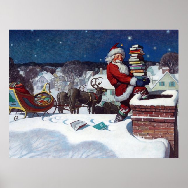 Santa delivering armload of books by Wyeth Poster (Front)