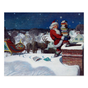 Santa delivering armload of books by Wyeth Poster