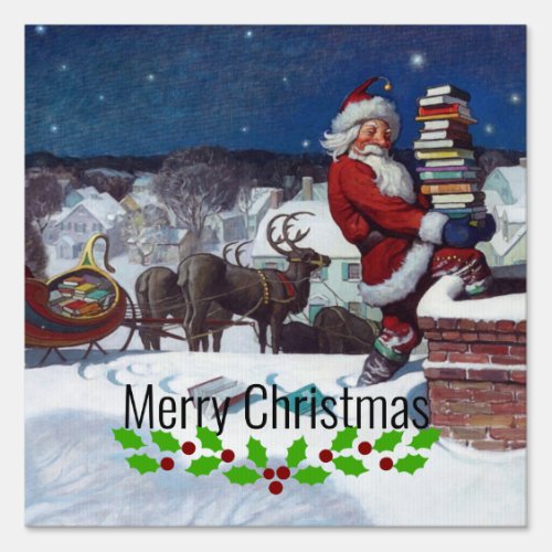 Santa delivering armload of books by Wyeth Sign