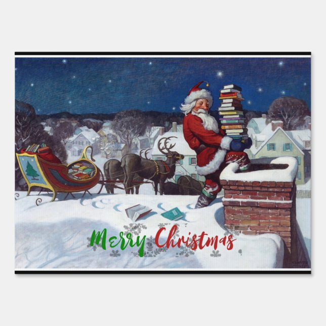 Santa delivering armload of books by Wyeth Sign (Front)