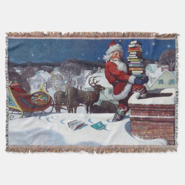 Santa delivering armload of books by Wyeth Throw Blanket (Front)