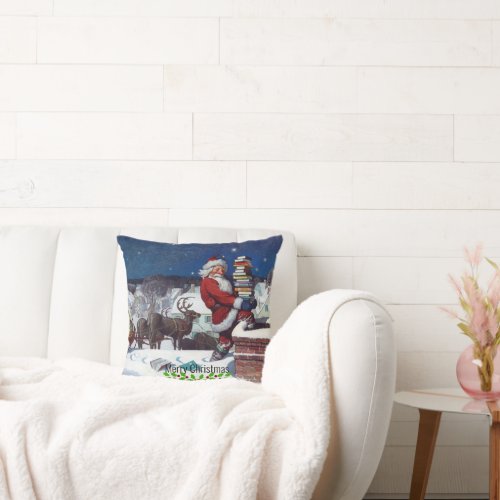 Santa delivering armload of books by Wyeth Throw Pillow