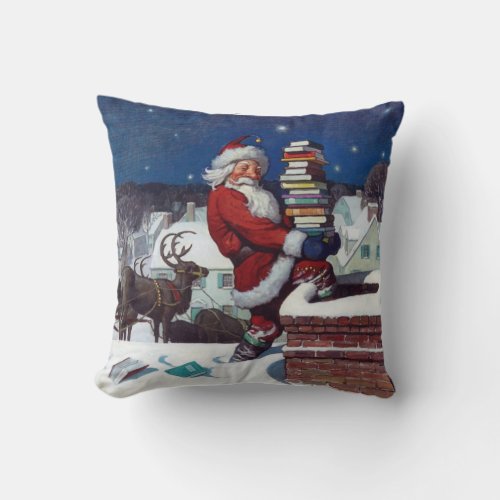 Santa delivering armload of books by Wyeth Throw Pillow