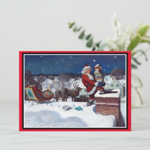 Santa delivering armload of books holiday card