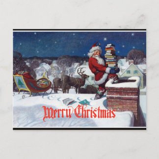 Santa delivering armload of books, holiday postcard