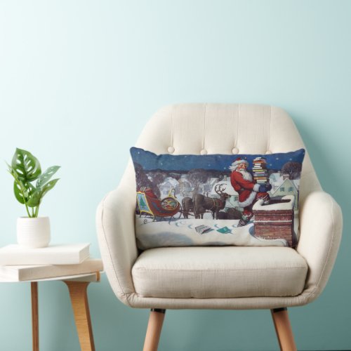 Santa delivering armload of books lumbar pillow