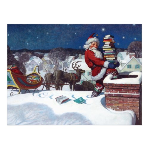 Santa delivering armload of books photo print