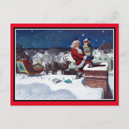 Santa delivering armload of books postcard