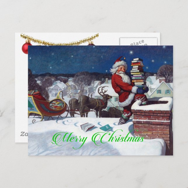 Santa delivering armload of books postcard (Front/Back)