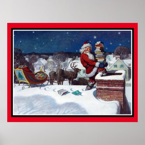 Santa delivering armload of books poster