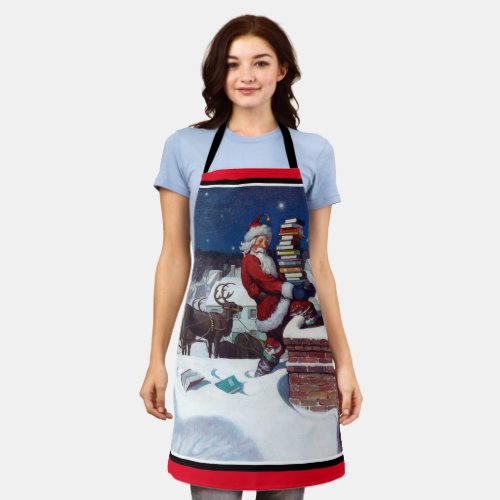 Santa delivering armload of books poster apron