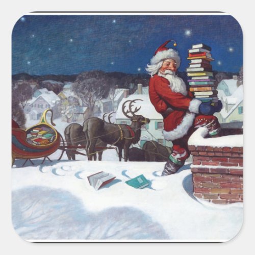 Santa Delivering Armload of Books Square Sticker