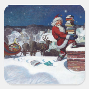 Santa Delivering Armload of Books Square Sticker