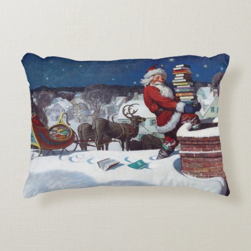 Santa Delivering Books at Christmas Accent Pillow