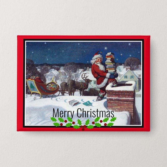 Santa Delivering Books at Christmas Button (Front)