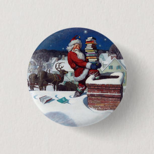 Santa Delivering Books at Christmas, Button