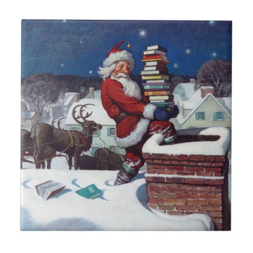 Santa Delivering Books at Christmas Ceramic Tile