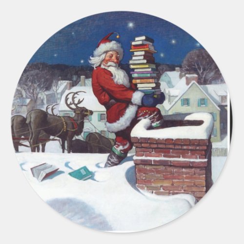 Santa Delivering Books at Christmas Classic Round Sticker