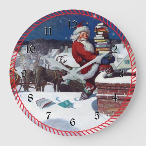 Santa Delivering Books at Christmas Large Clock