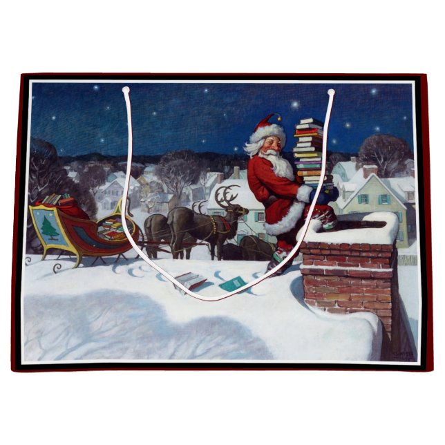 Santa Delivering Books at Christmas, Large Gift Bag (Front)