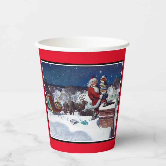 Santa Delivering Books at Christmas, Paper Cups (Front)