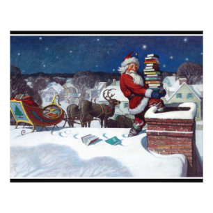 Santa Delivering Books at Christmas, Photo Print