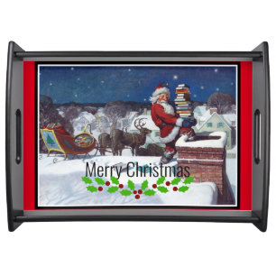 Santa Delivering Books at Christmas Serving Tray