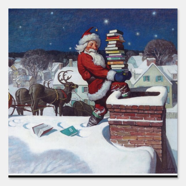 Santa Delivering Books at Christmas Sign (Front)
