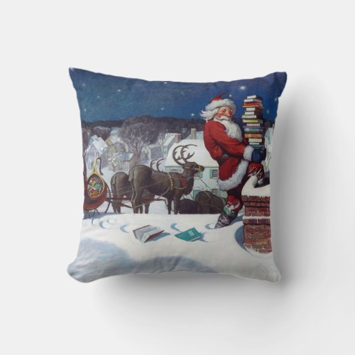 Santa Delivering Books at Christmas Throw Pillow