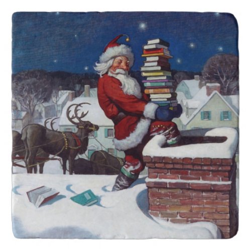 Santa Delivering Books at Christmas Trivet