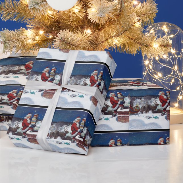 Santa Delivering Books at Christmas, Wrapping Pape Wrapping Paper (Holidays)