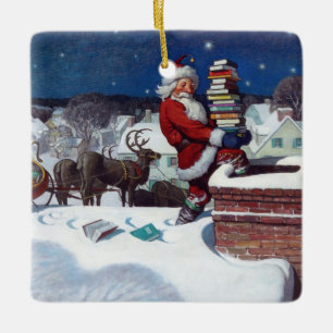 Santa delivering books on Christmas Eve Ceramic Ornament