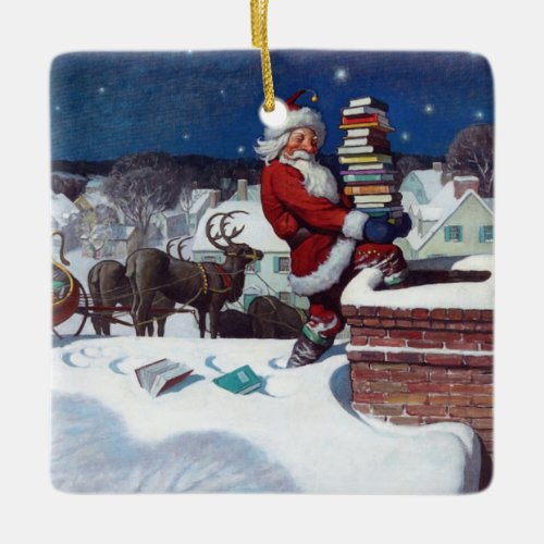 Santa delivering books on Christmas Eve Ceramic Ornament