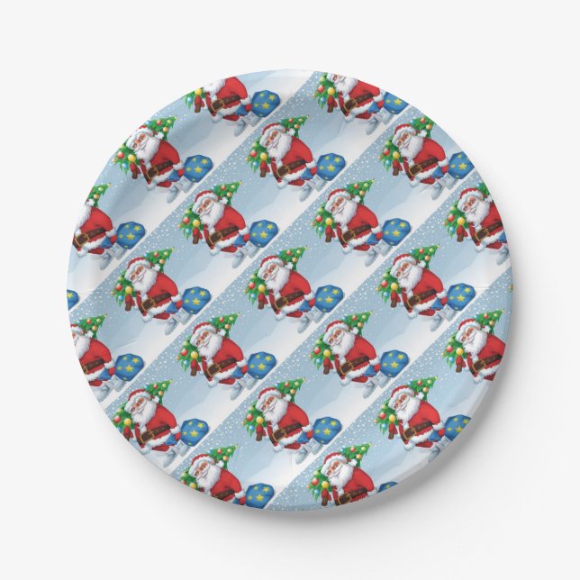 Santa Delivering Christmas Pattern Paper Plates (Front)