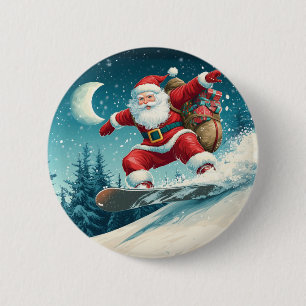 Santa delivering Christmas presents on a snowboard Button