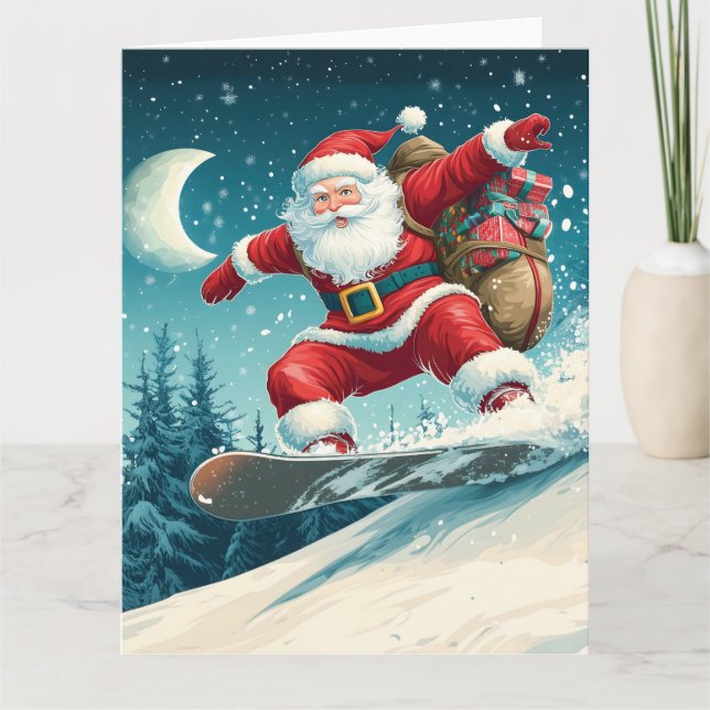 Santa delivering Christmas presents on a snowboard Card (Front)