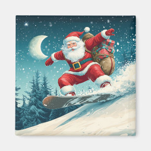 Santa delivering Christmas presents on a snowboard Magnet
