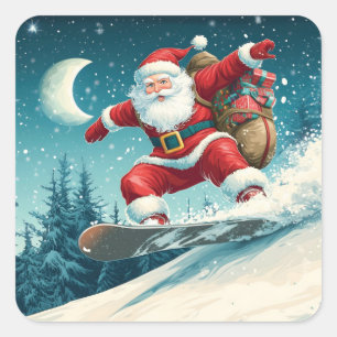 Santa delivering Christmas presents on a snowboard Square Sticker