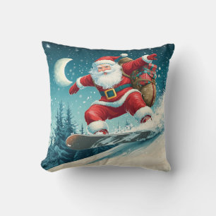 Santa delivering Christmas presents on a snowboard Throw Pillow