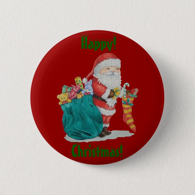 santa delivering gifts in sack for christmas pinback button (Front)