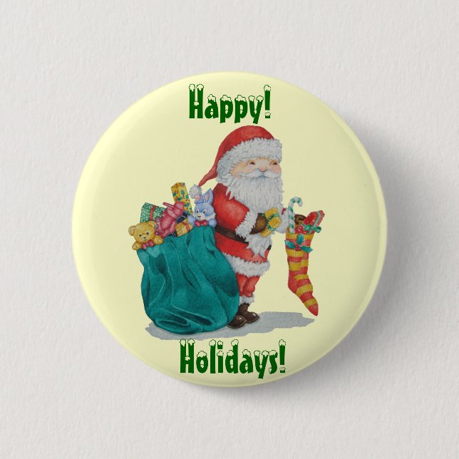 santa delivering gifts in sack for christmas pinback button (Front)