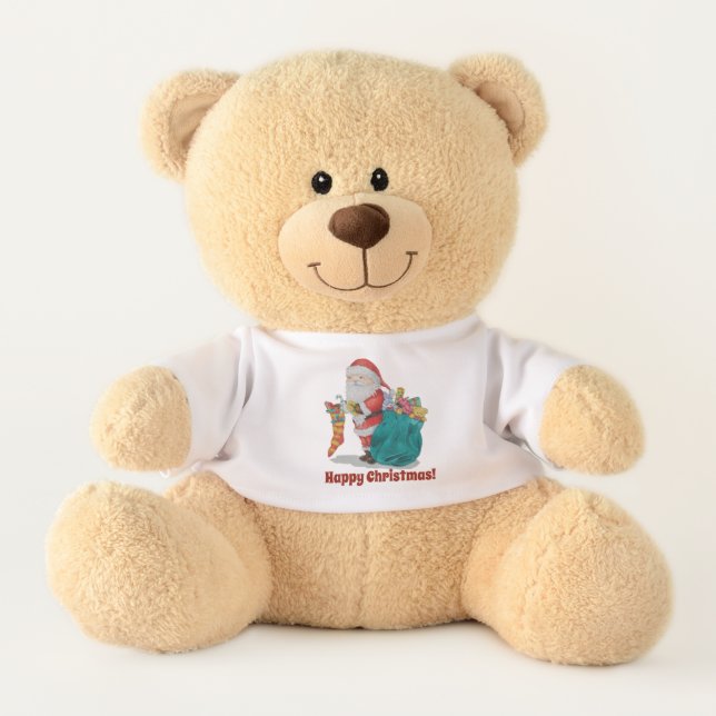 santa delivering gifts in sack for christmas teddy bear (Front)