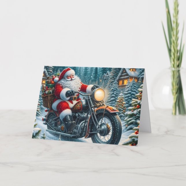 Santa Delivering Packages on Motorcycle Holiday Card (Front)