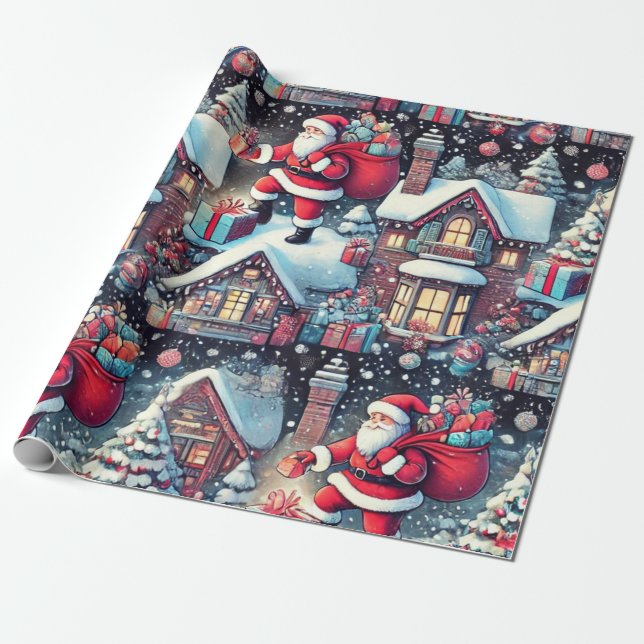 Santa delivering presents down the chimney wrapping paper (Unrolled)