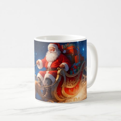 Santa Delivering Toys on a Slope with Reindeer Coffee Mug